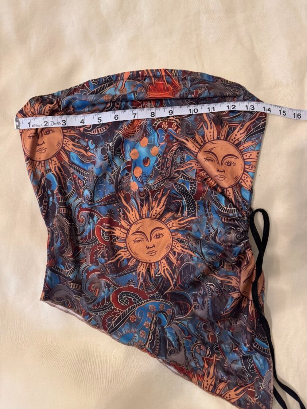 Celestial Sun Print Strapless Ruched Asymmetrical Y2K Top M - Picture 6 of 7